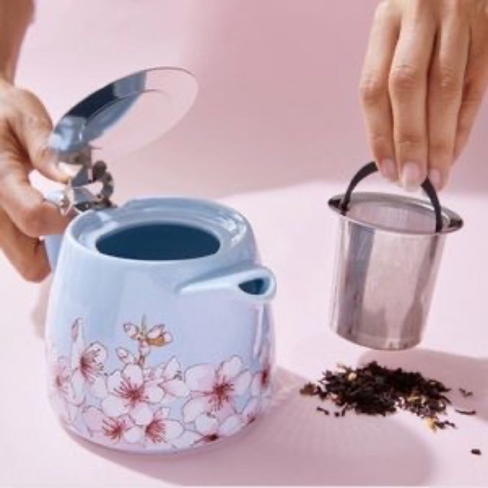 Ceramic & Stainless Steel Teapot and Infuser NEW!! Light blue with pink flowers